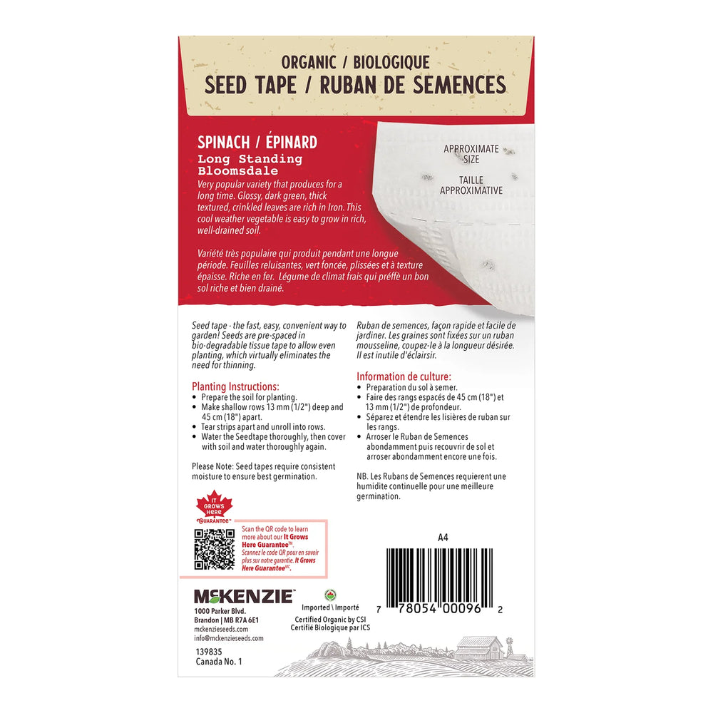 Organic Spinach Long Standing Bloomsdale, Seed Tape - McKenzie Seeds
