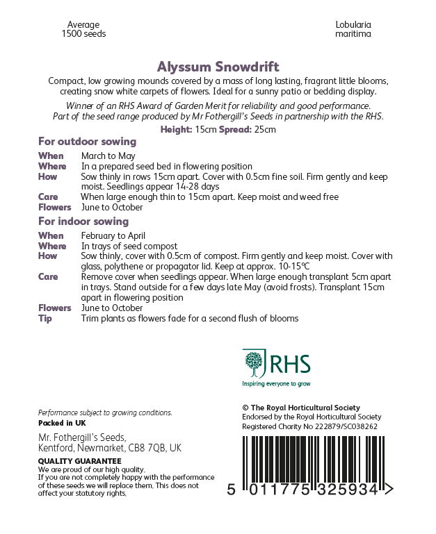 Alyssum Snowdrift - Mr. Fothergill's Seeds RHS